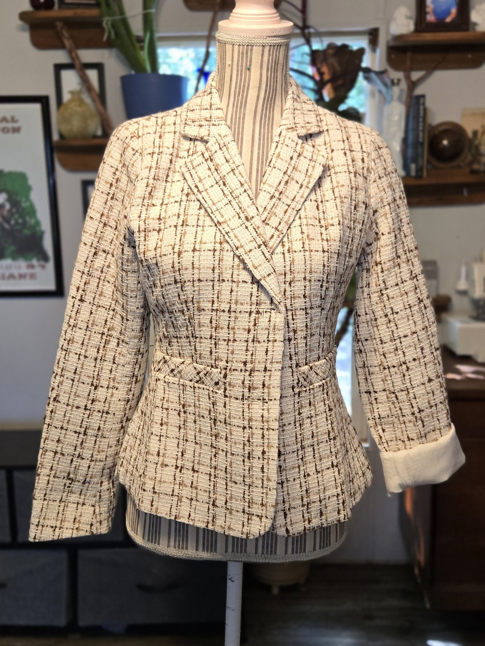 Cream Tweed Women's Tailored Blazer with Brown Check